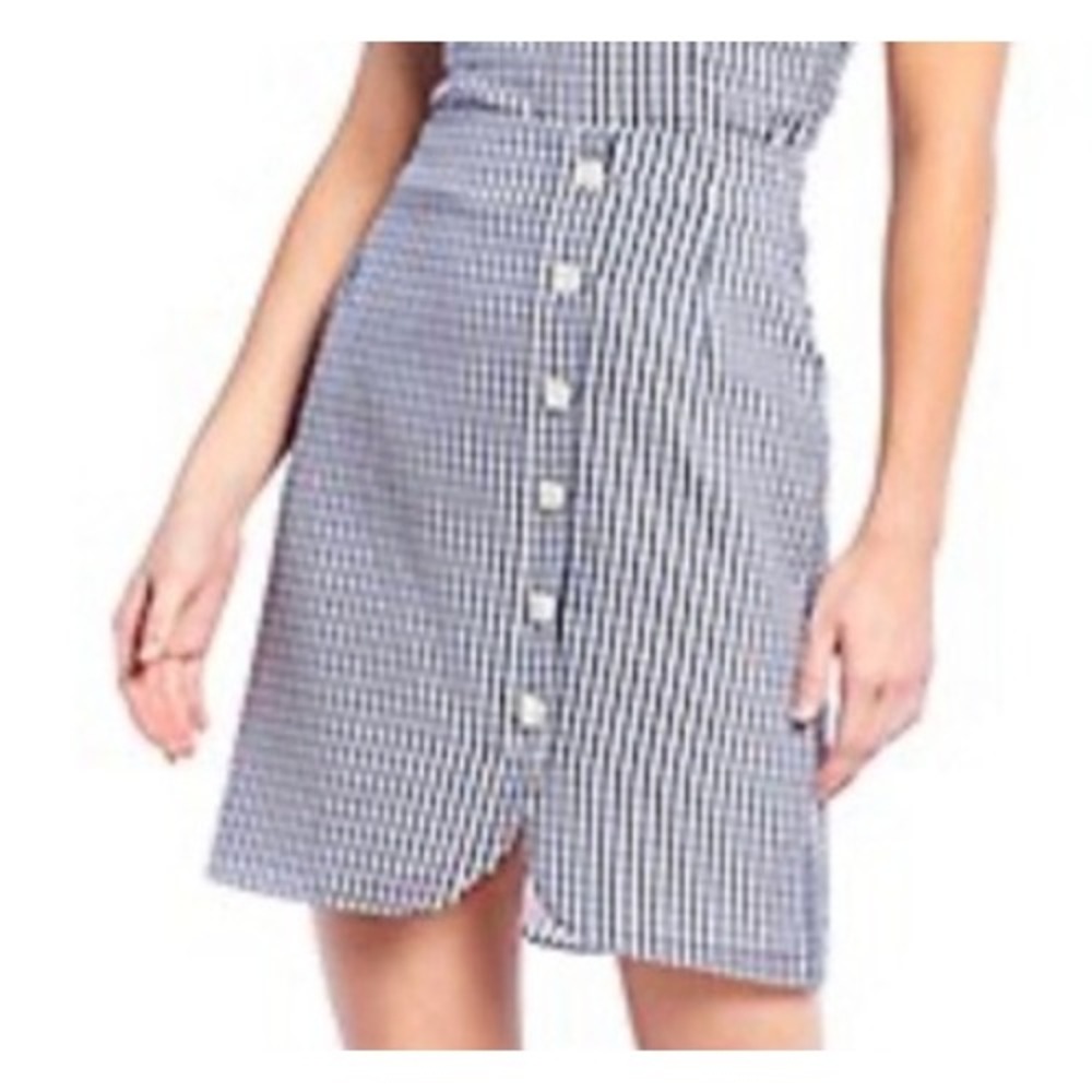 2/$30 Gianni Bini Blue Silk Blend White Gingham Buttons Minil Skirt 2 - Picture 1 of 8